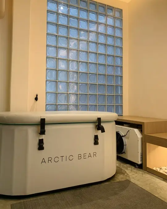 Cold plunge tub under a glass-block window